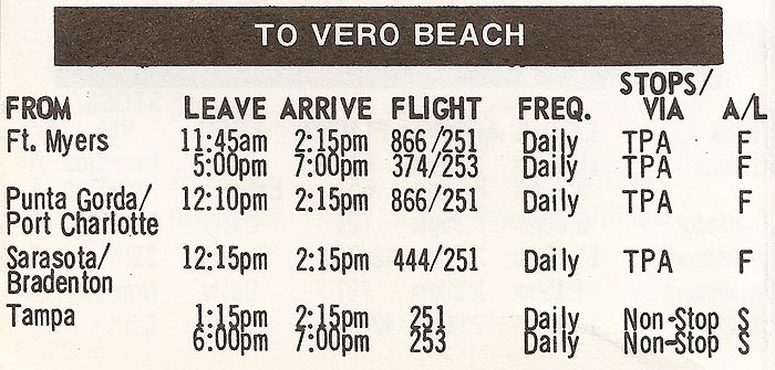 In early 1976, Shawnee Airlines / Florida Airlines opened a route between Vero Beach and Tampa. This excerpt from the March 1, 1976 timetable shows 2 daily flights which were operated with a combination of DC-3s and Cessna 402s. Shawnee's service to Vero Beach was discontinued a few months later, leaving the airport without scheduled airline service for the next two and a half years.