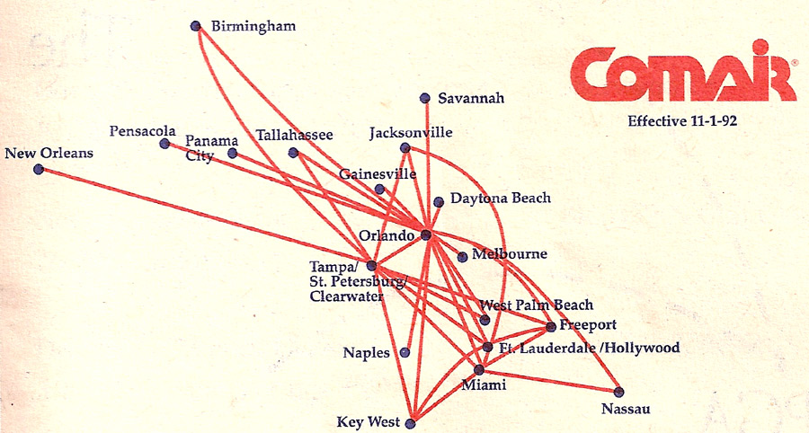 Comair route map from November 1, 1992.