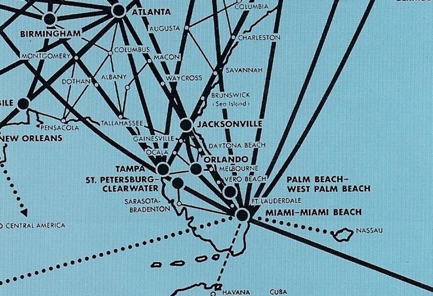This detail of an Eastern Air Lines route map from 1961 shows Vero Beach as one of many intermediate stops between Miami and Jacksonville. Eastern continued to serve the airport through 1972.
