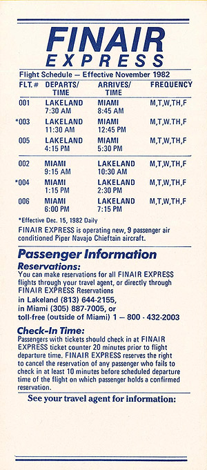 Finair Express timetable dated November 1982 showing three weekday round-trips between Miami and Lakeland, FL.