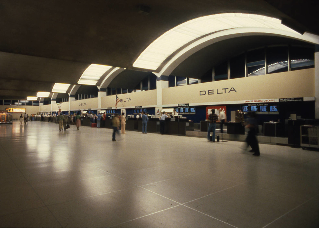 Delta Airlines ticket counters at Atlanta Hartsfield Airport in 1980.