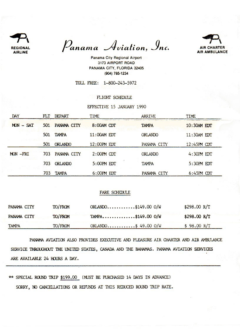Panama Aviation timetable effective January 15, 1990.