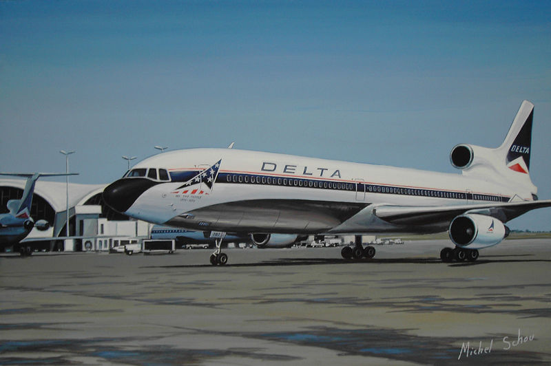 Delta Lockheed L-1011 in Bicentennial colors at Atlanta. Painting by Michel Schou.