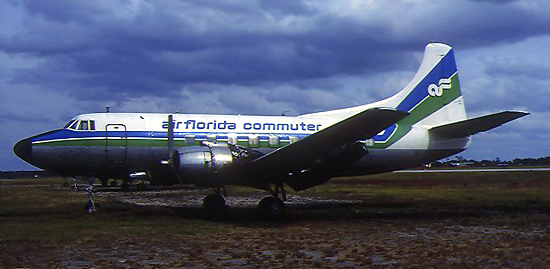 Florida Airlines and its short-lived successor Southern International Airlines operated Martin 404s under the Air Florida Commuter banner from February until December 1981. This is N144S, which had previously flown with Eastern, Southern, and Ocean Airways.