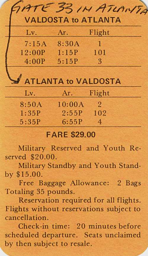 Valdosta Phoenix flight schedules, circa 1972-1973.
