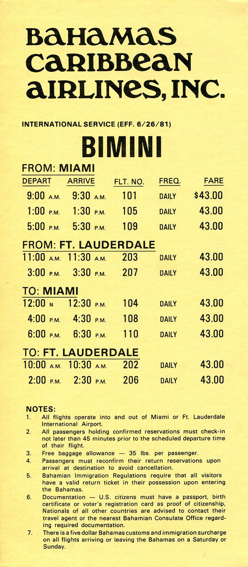Bahamas Caribbean Airlines timetable dated June 26, 1981 showing international service between Bimini, Miami and Ft. Lauderdale.