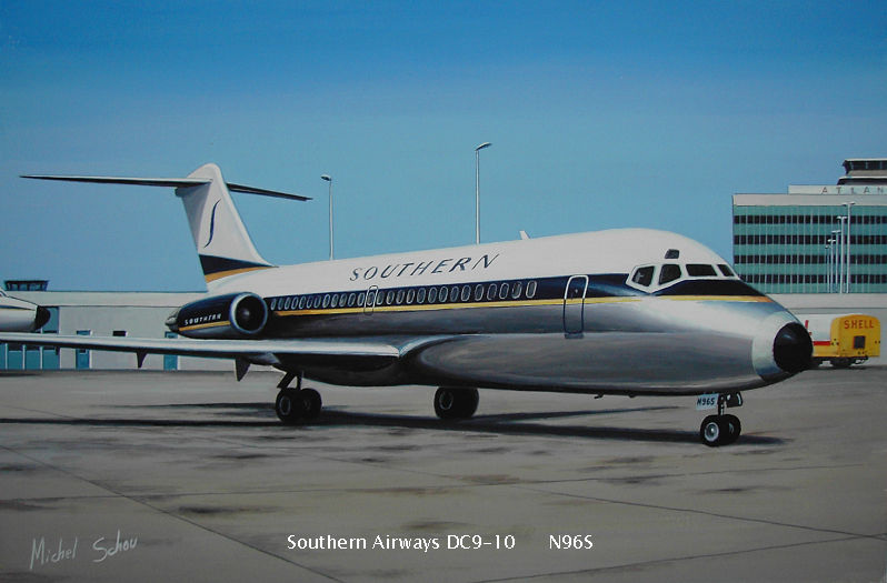Southern Airways DC-9 at Atlanta. Painting by Michel Schou.