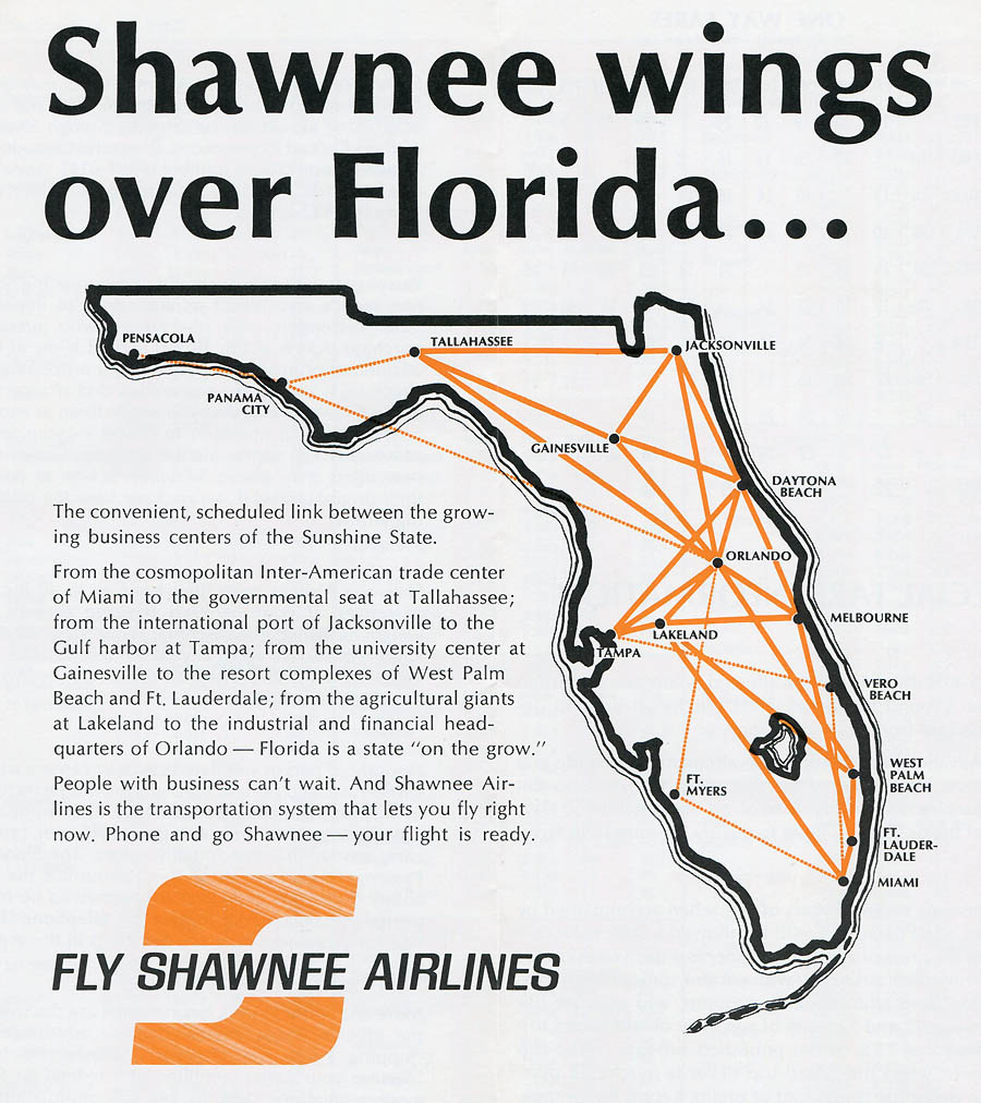 Shawnee Airlines route map from October 28, 1968.