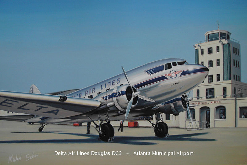 Delta DC-3 at Atlanta. Painting by Michel Schou.