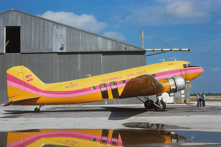 Shawnee introduced this stunning tropical paint scheme on DC-3 N1301 when it became a subsidiary of Florida Airlines in 1975.