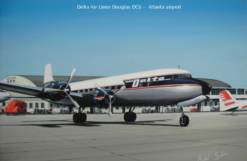 Delta DC-6 at Atlanta. Painting by Michel Schou.