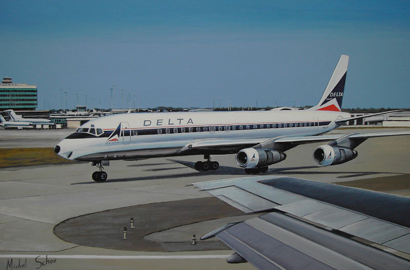 Delta DC-8  at Atlanta. Painting by Michel Schou.