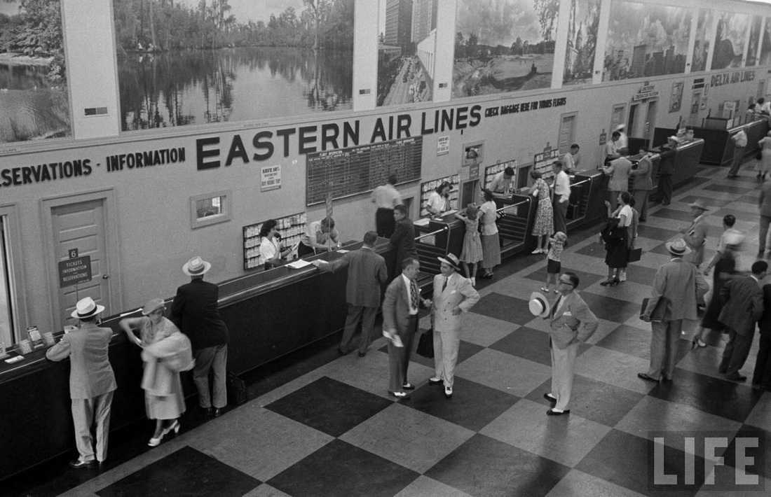 Ticket counter at Atlanta's temporary terminal in 1949.