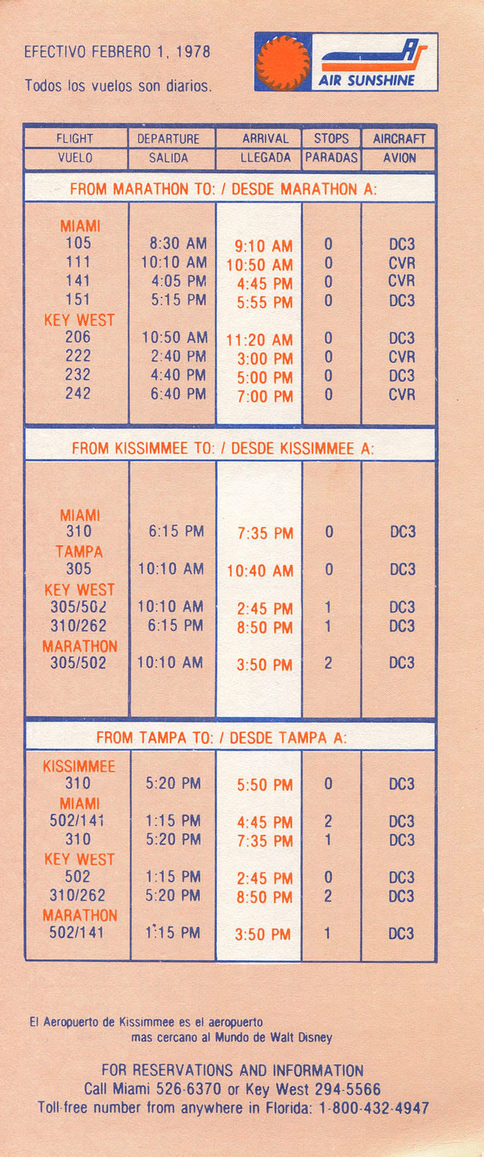 Air Sunshine timetable 1978