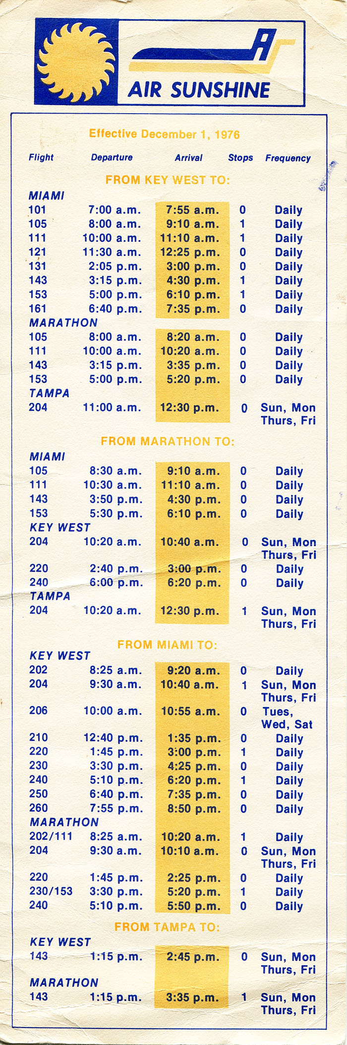 Air Sunshine timetable