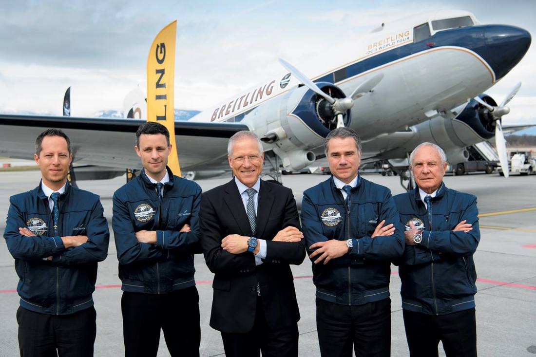 Jean-Paul Girardin, Vice-President of Breitling and the Breitling DC-3 crew standing in front of HB-IRJ shortly before commencing the World Tour in Geneva on March 9, 2017.