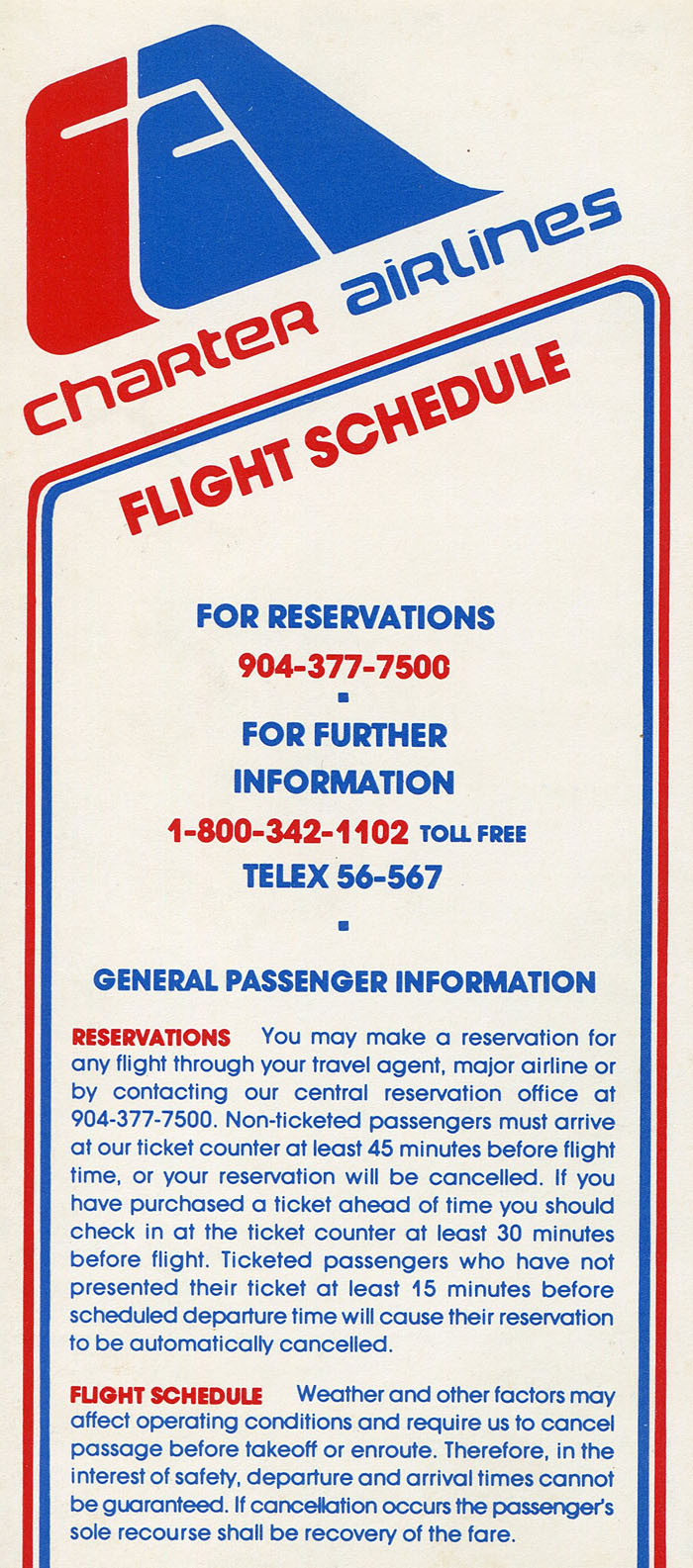Charter Airlines timetable