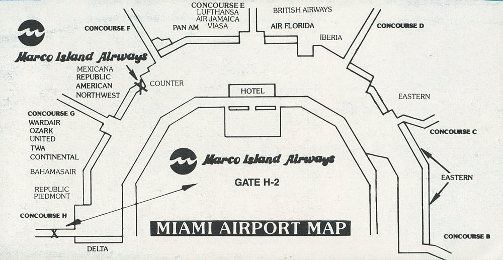 Marco Island Airways Miami International Airport terminal map from 1983