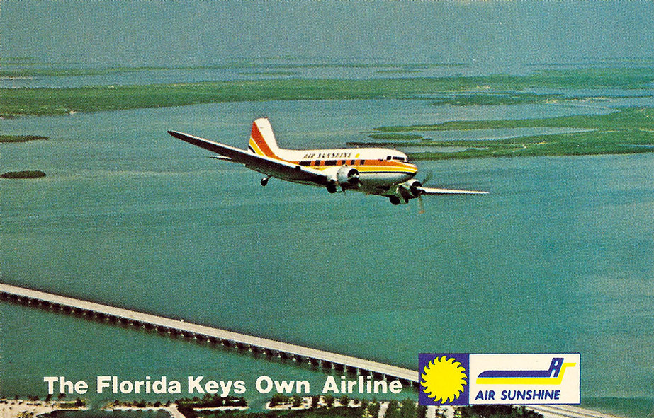 Air Sunshine postcard of a DC-3 above the Bahia Honda bridge in the Florida Keys, circa 1974.