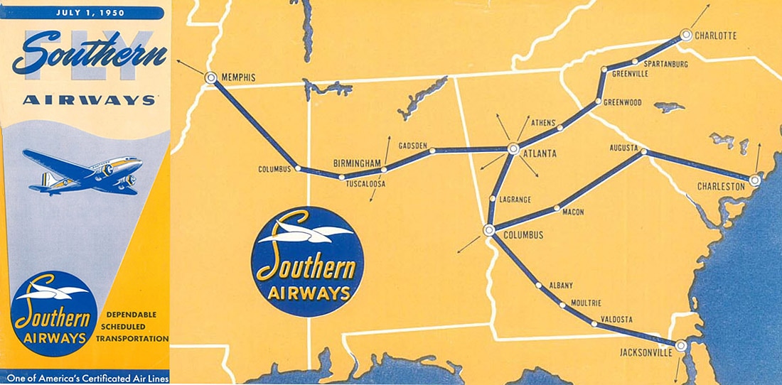 Southern Airways map 1950 DC-3
