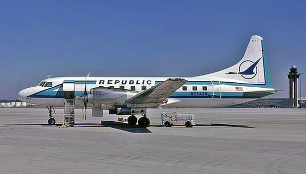 Republic Airlines Convair 580 N7743U (msn390) is pictured Atlanta Hartsfield Airport in March 1982. The aircraft continued to fly with Northwest after 1986 and Air Resorts into the early 1990s.