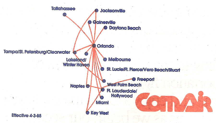 Comair route map dated April 3, 1988 showing Florida routes operated as a Delta Connection carrier.
