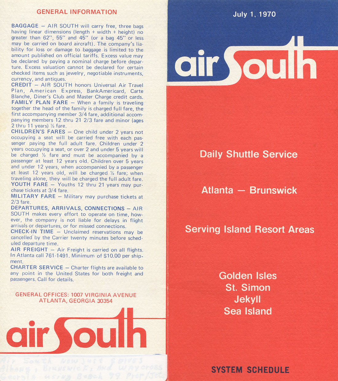 Air South timetable cover April 26, 1970