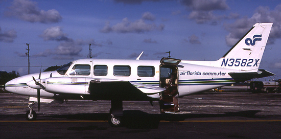 Skyway of Ocala operated Piper Navajos and Beech 99s on Air Florida Commuter flights. Navajo N3582X is pictured at Miami in 1984. 