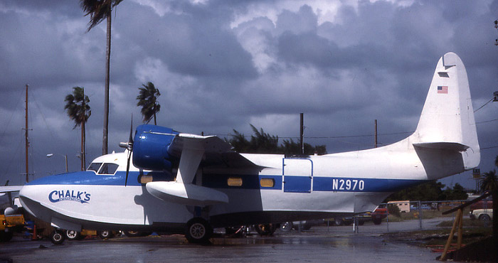 Chalk's International Mallard N2870 at Watson Island, wearing the blue and white color scheme of the late 1970s.