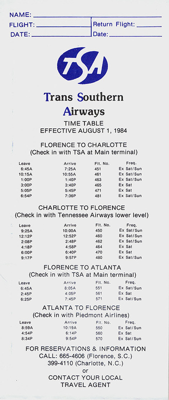 Trans Southern Airways timetable.