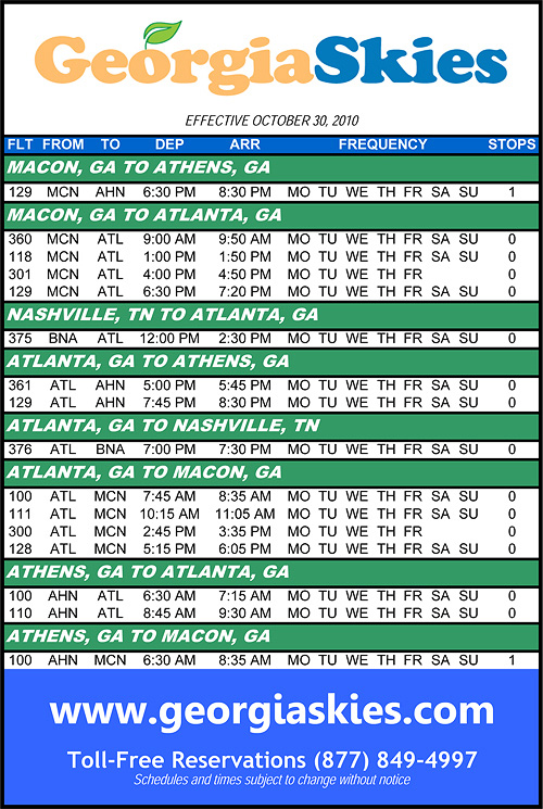 Georgia Skies flight schedules effective October 30, 2010 showing a drastic reduction in service from the 2008 timetable.