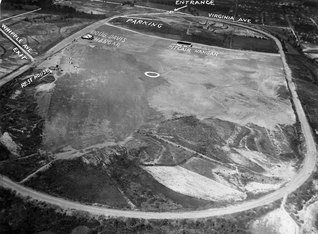 An annotated aerial photo of Candler Field circa early 1927. This is facing northwest.