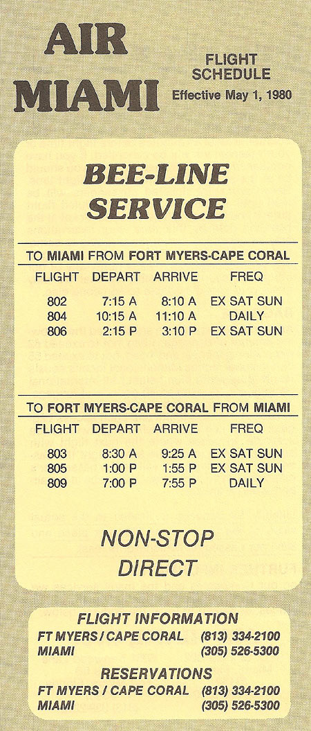 Air Miami timetable effective May 1, 1980 showing 