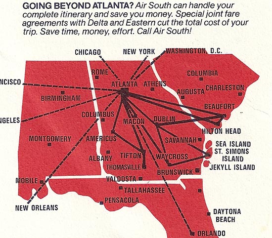 Air South route map from February 15, 1974 showing service to numerous small towns that no longer receive air service .