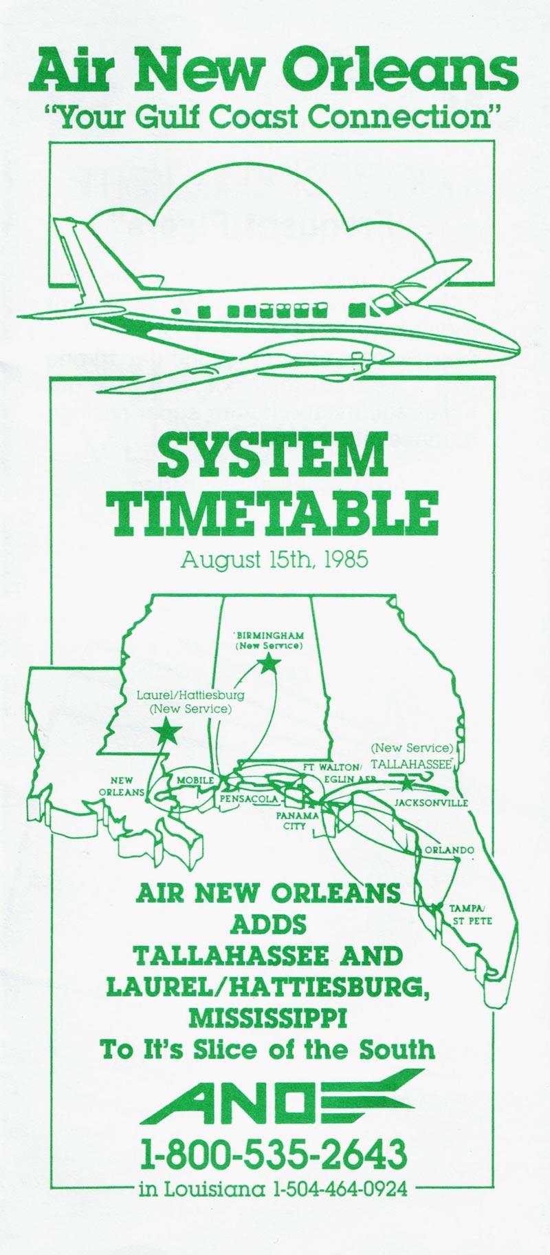 Air New Orleans timetable dated August 15, 1985 showing their extensive Gulf coast route system.