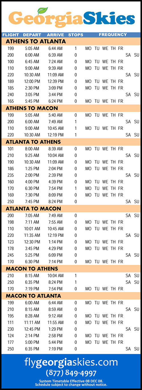 Georgia Skies flight schedules effective December 8, 2008 showing high frequency flights between Atlanta, Macon and Athens.