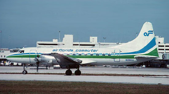 Utah-based Key Air operated Air Florida Commuter flights between major Florida cities using turboprop Convair 580s. N26KA is seen at Miami in 1984.