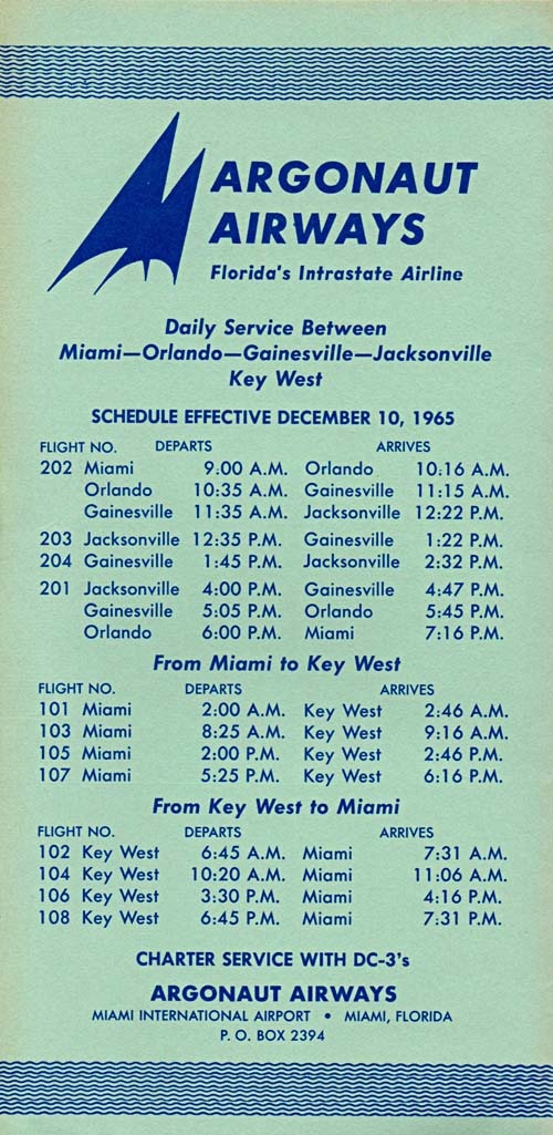 Argonaut Airways timetable effective Dec. 10, 1965.
