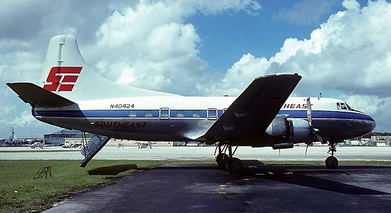The Martin 404 was the primary aircraft type flown by Southeast. N40424 is seen at Miami in its final paint scheme.