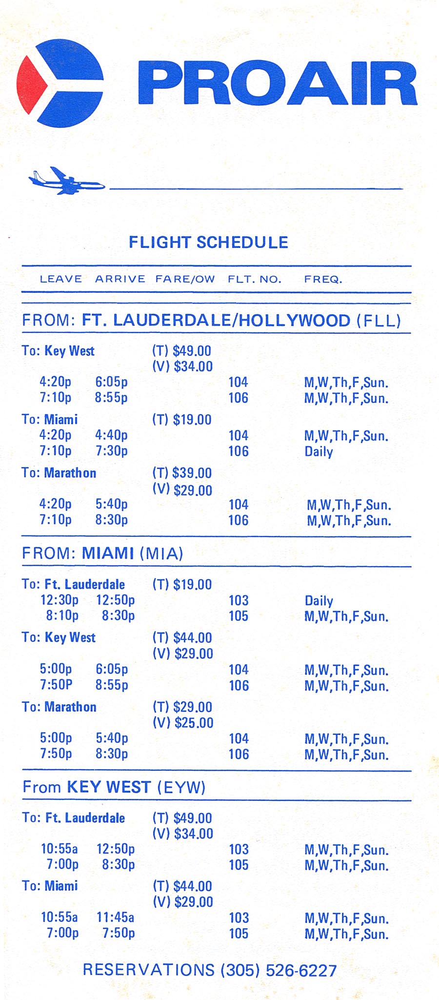Pro Air timetable from 1981 showing service between Ft. Lauderdale, Miami, Marathon and Key West, Florida.