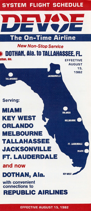Devoe Airlines timetable from August 15, 1982 showing destinations in Florida and Alabama.