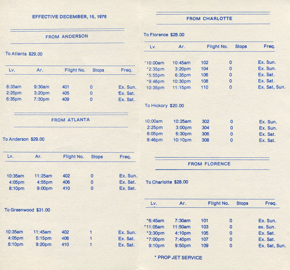 Air Carolina 1976 timetable
