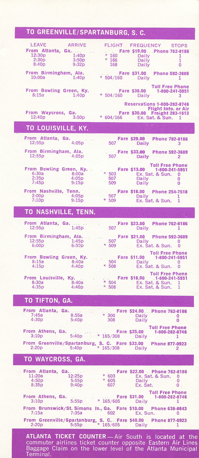 Air South timetable 1969