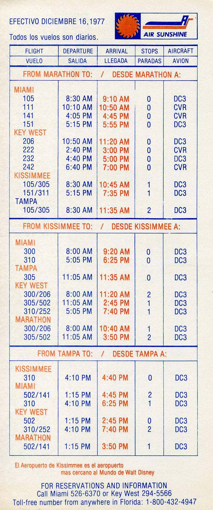 Air Sunshine timetable 1977
