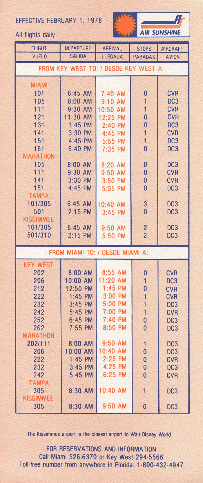 Air Sunshine timetable 1978
