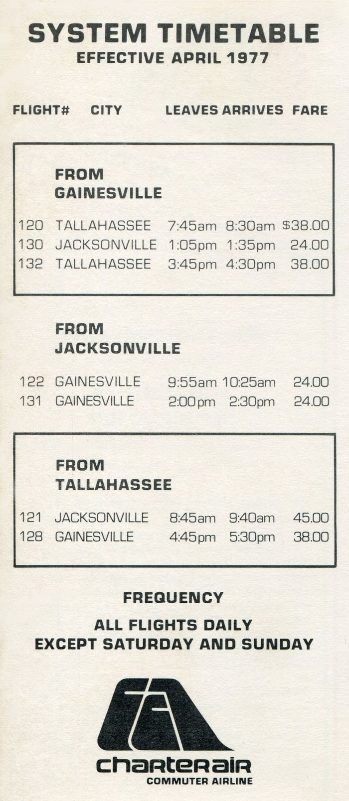 Charter Air Commuter Airline timetable
