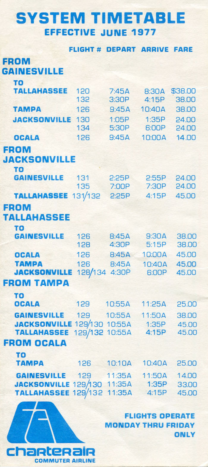 Charter Air Commuter Airline timetable