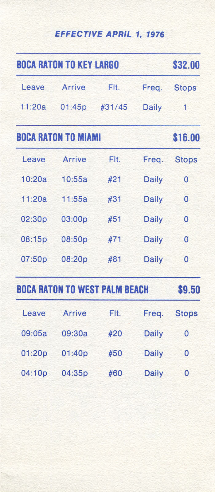 Commutaire International Airways timetable