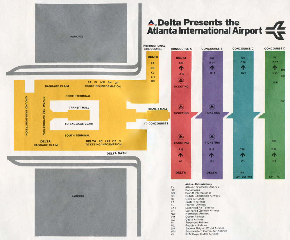 Delta Air Lines Atlanta Hartsfield International terminal map from 1980.