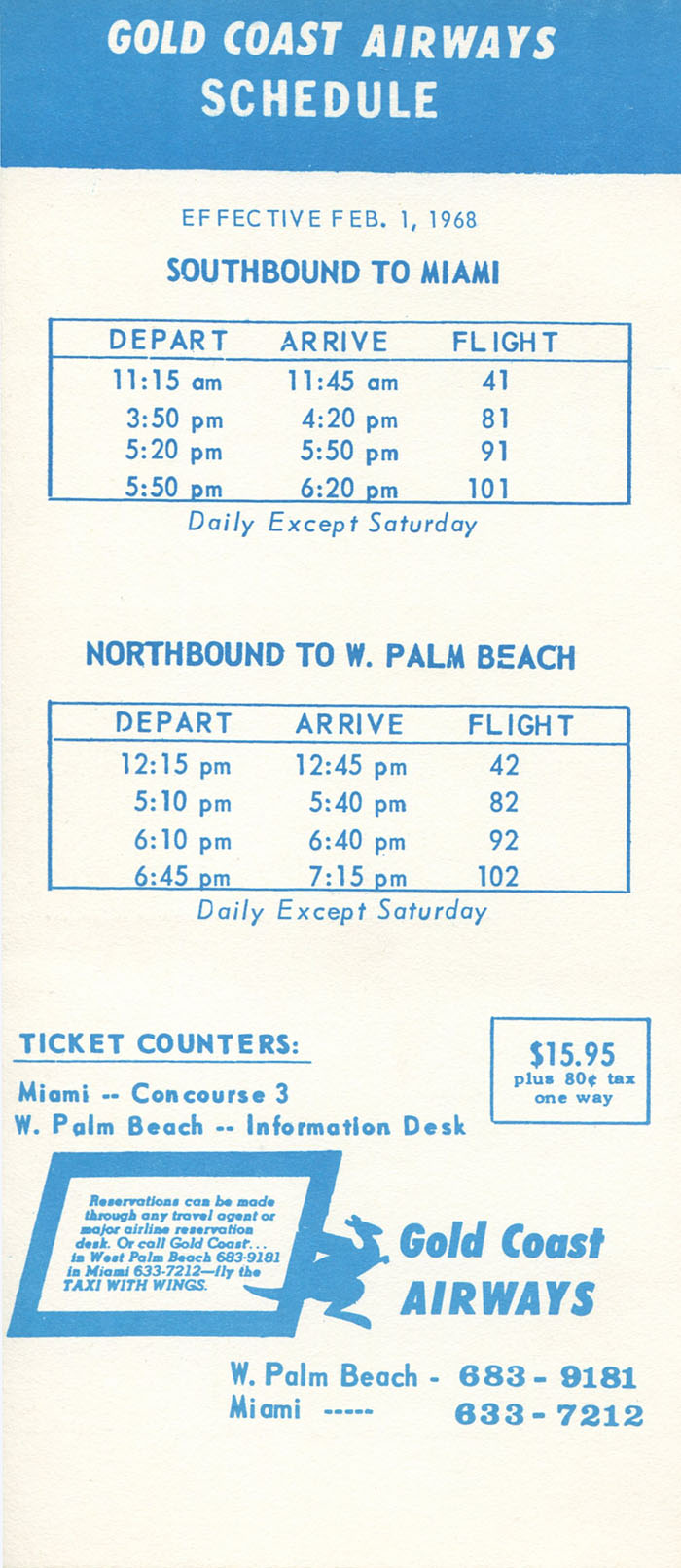 Gold Coast Airways timetable schedule